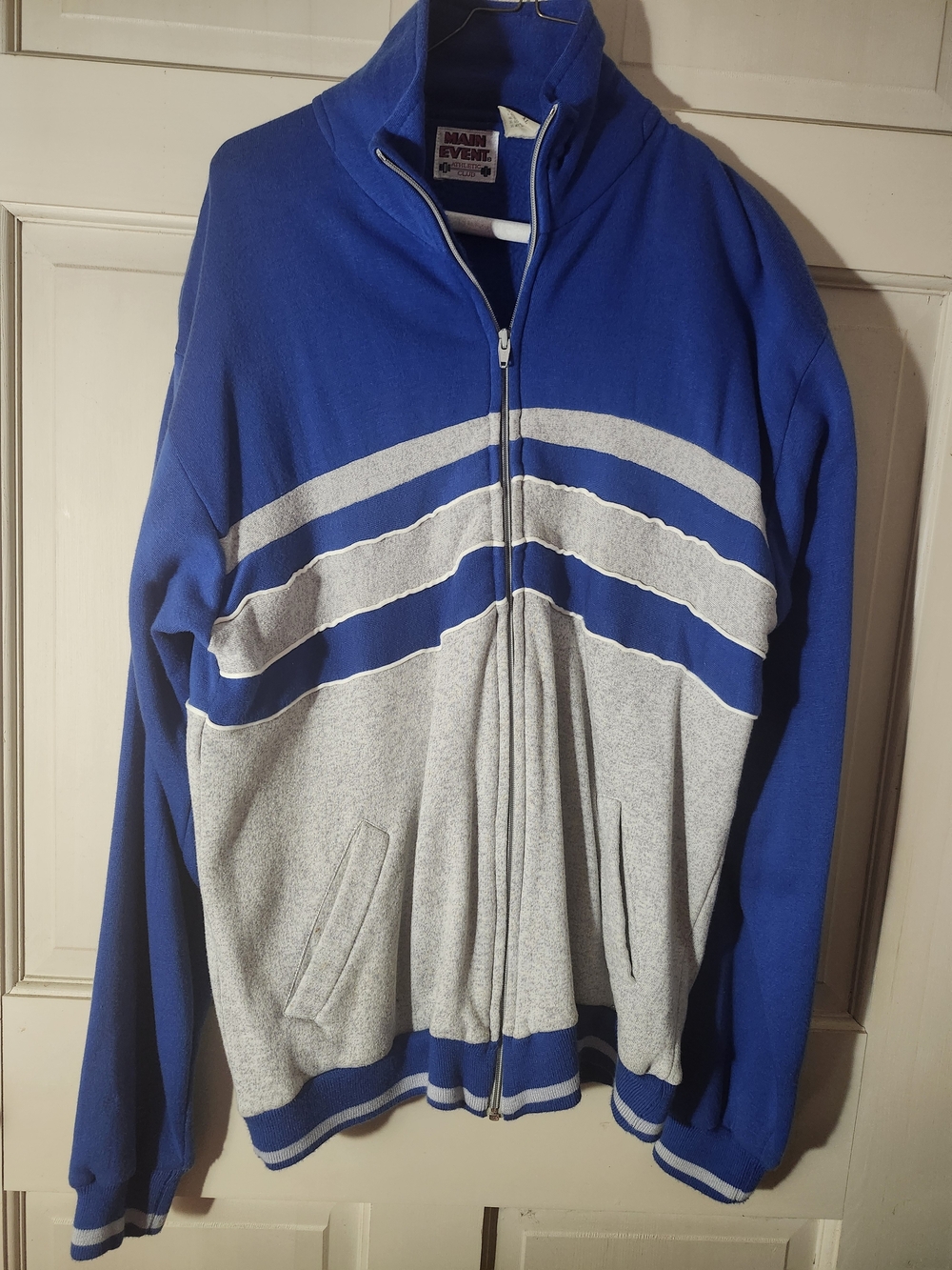 Vintage Men's Blue and Gray Zip-Up Sweater Jacket